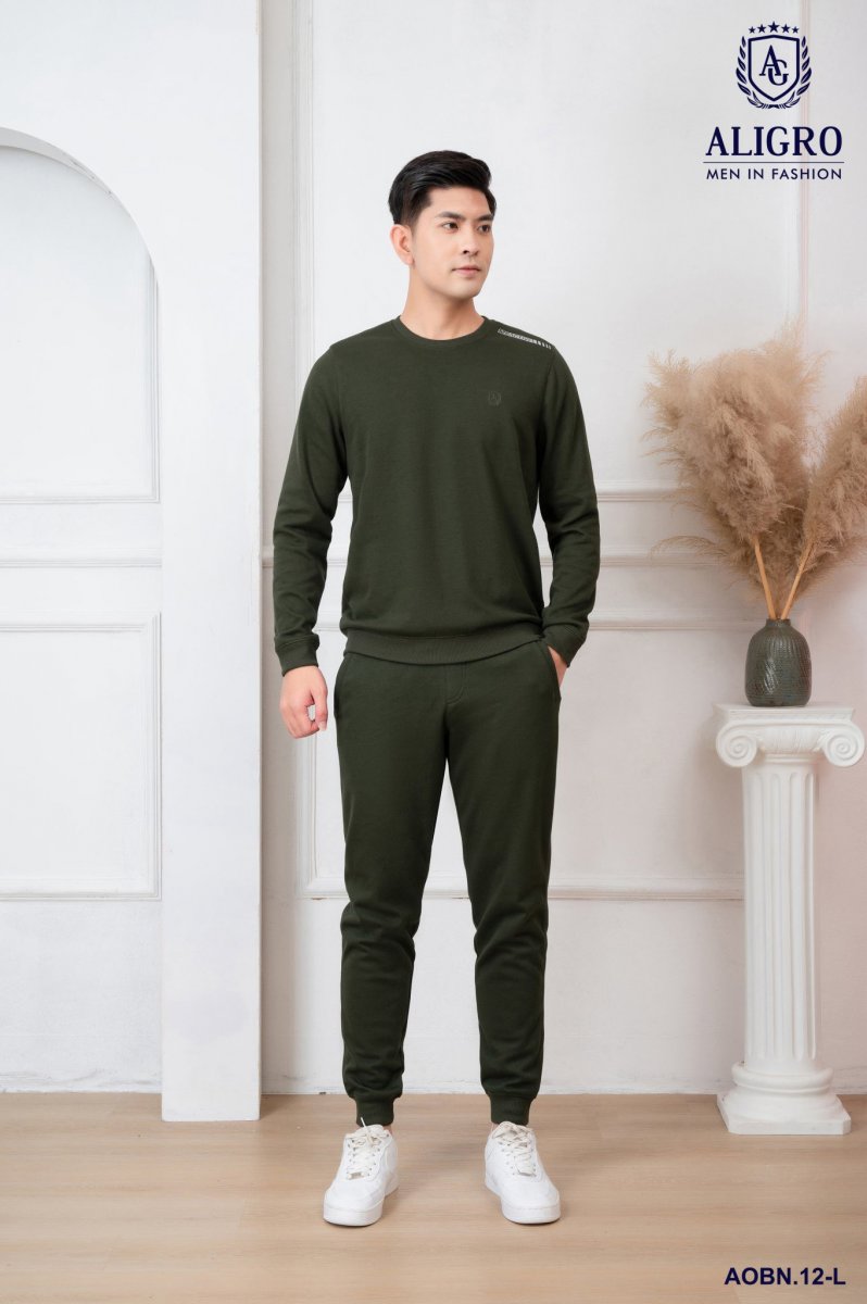 Quần bộ nỉ cổ tròn trần bông Xanh rêu