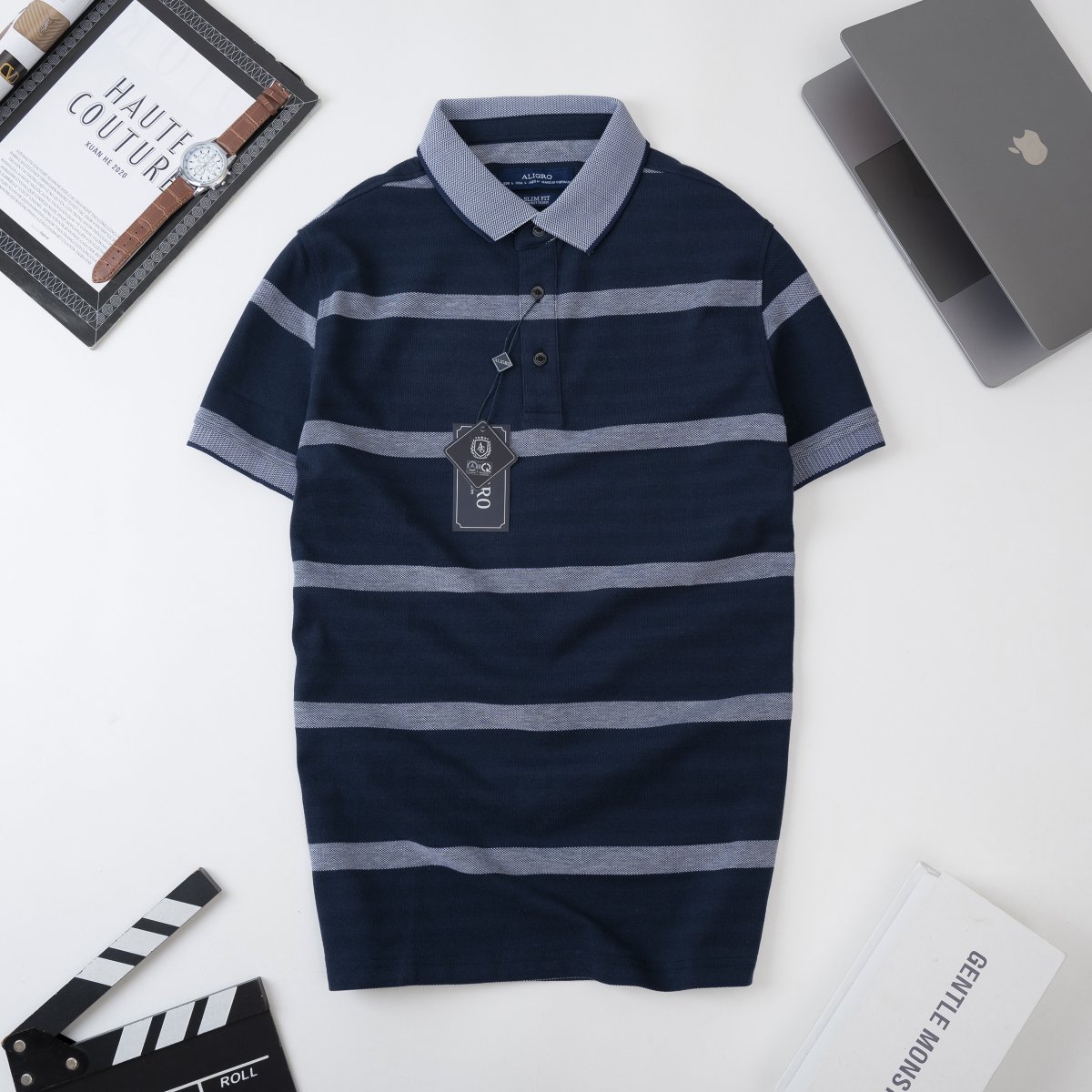  Áo Polo nam ngắn tay kẻ ngang navy-trắng - ALGPLO94