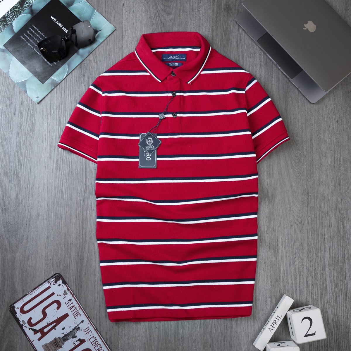 Áo Polo nam ngắn tay kẻ ngang đỏ-navy-trắng - ALGPLO96