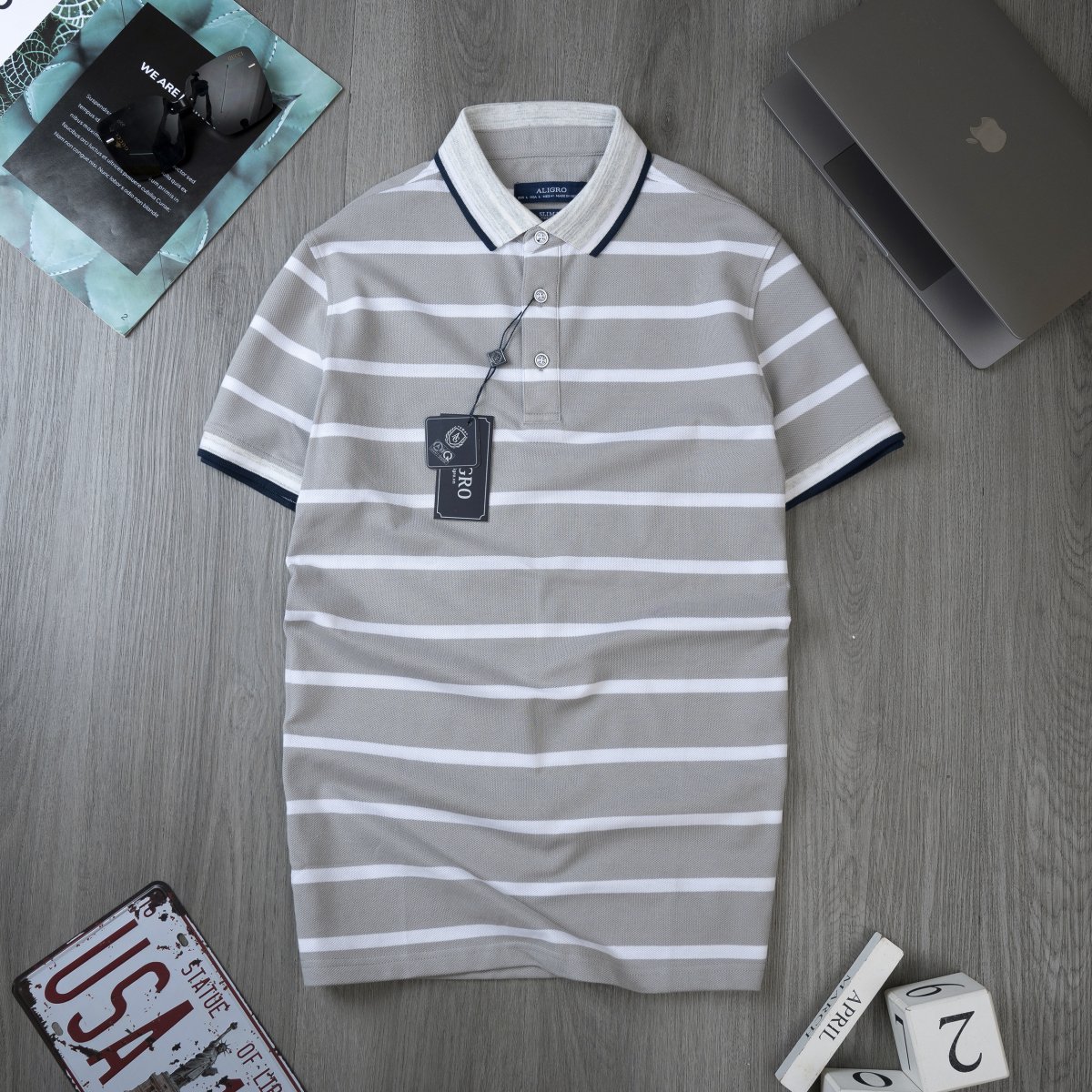 Áo Polo nam ngắn tay kẻ ngang ghi-trắng - ALGPLO89