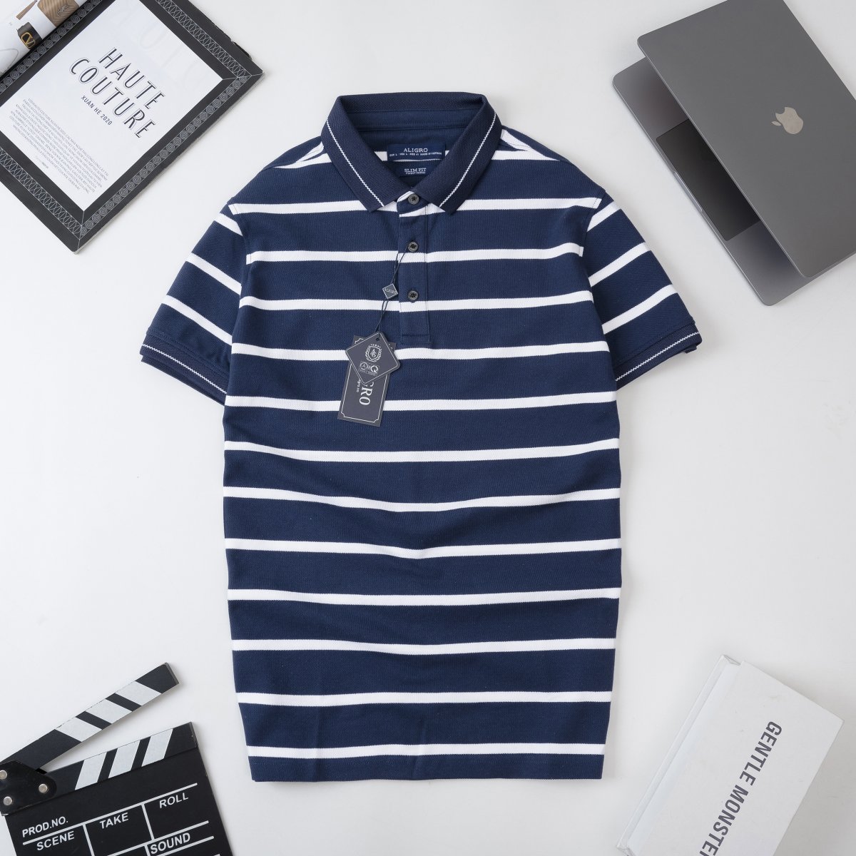 Áo Polo nam ngắn tay kẻ ngang navy-trắng - ALGPLO98