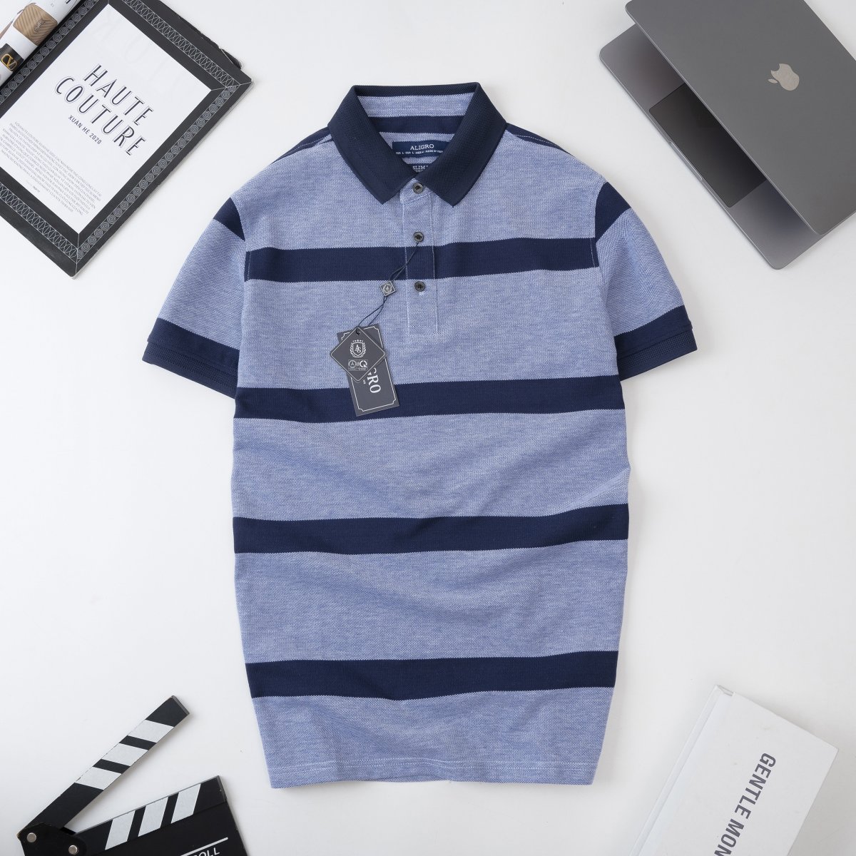 Áo Polo nam ngắn tay kẻ ngang navy-xanh - ALGPLO97