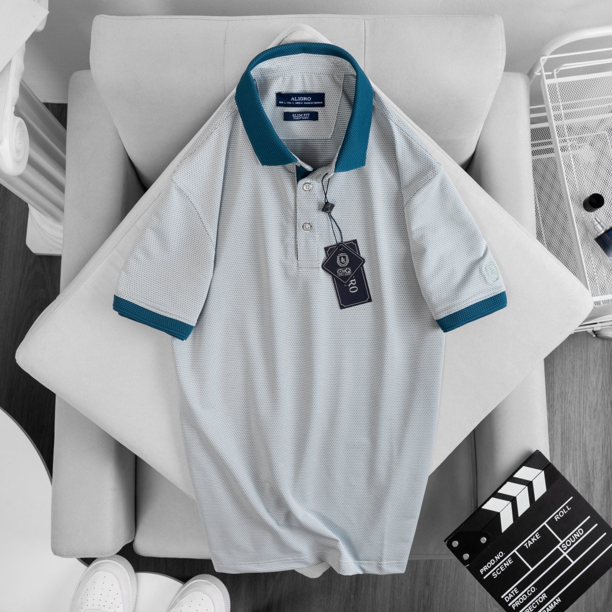 Áo polo nam dệt kiểu V màu ghi - ALGPLO79