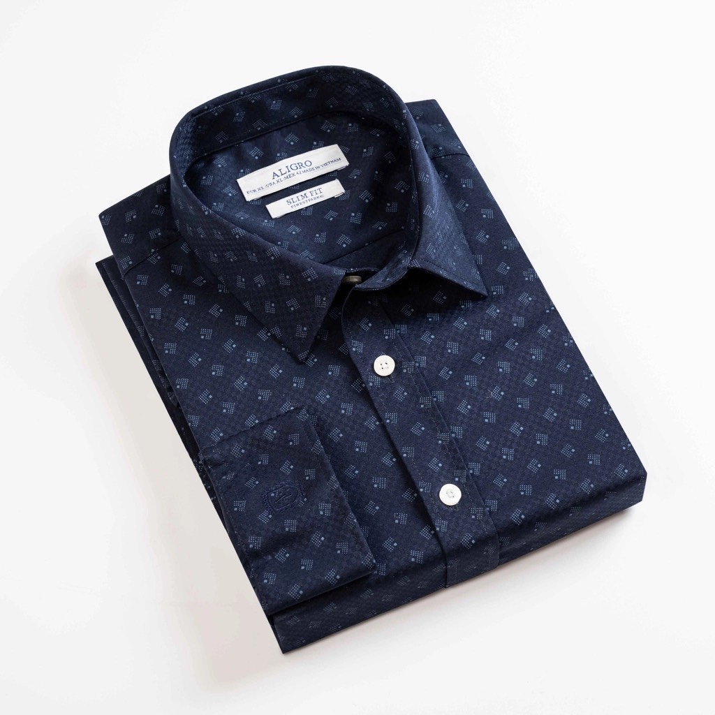 Áo sơ mi slimfit dài tay navy vân ô